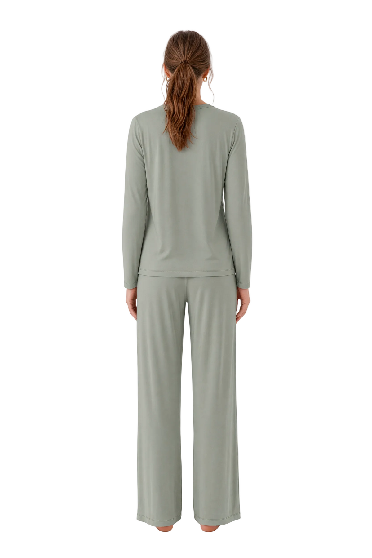 A woman viewed from the back wearing a matching sage green long-sleeve top and wide-leg pants set, standing against a plain white studio background.